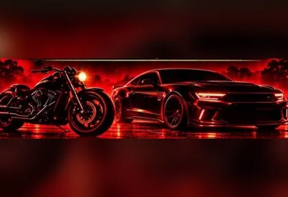 Bike and Car Night at The Orchard: a motorbike and a muscle car under red lights