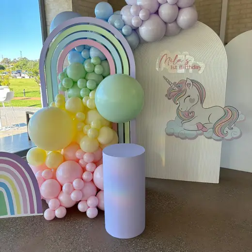 Pastel balloon arch and 1st birthday backdrop in the Pavilion